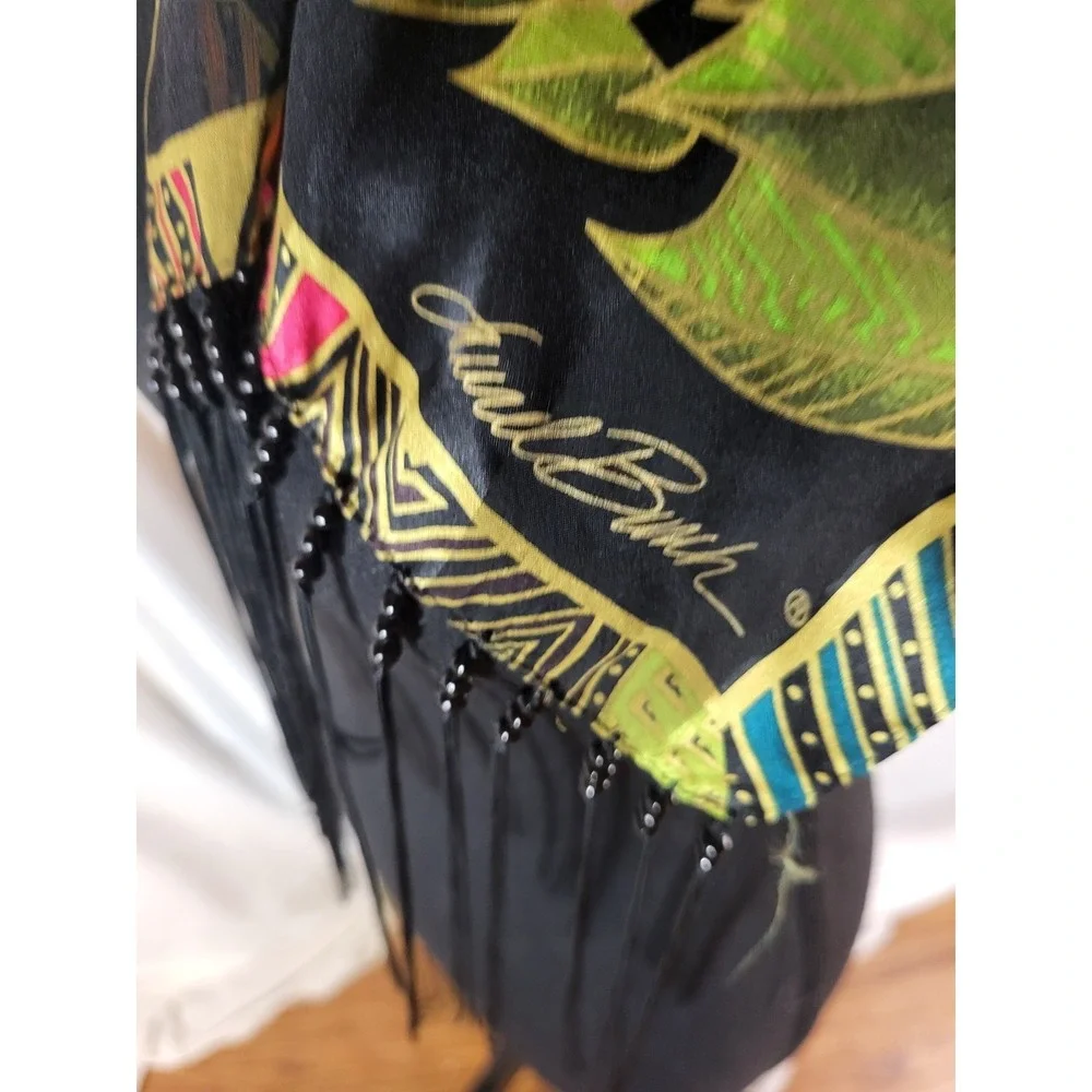 Laurel Burch 100% Silk Scarf Mulitcolor Jungle Cat Bird Snake Beaded Fringe 53